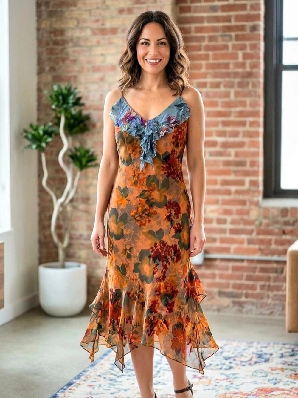 Sue Wong Floral Silk Blend Midi Dress Size 12 Like New (B8)